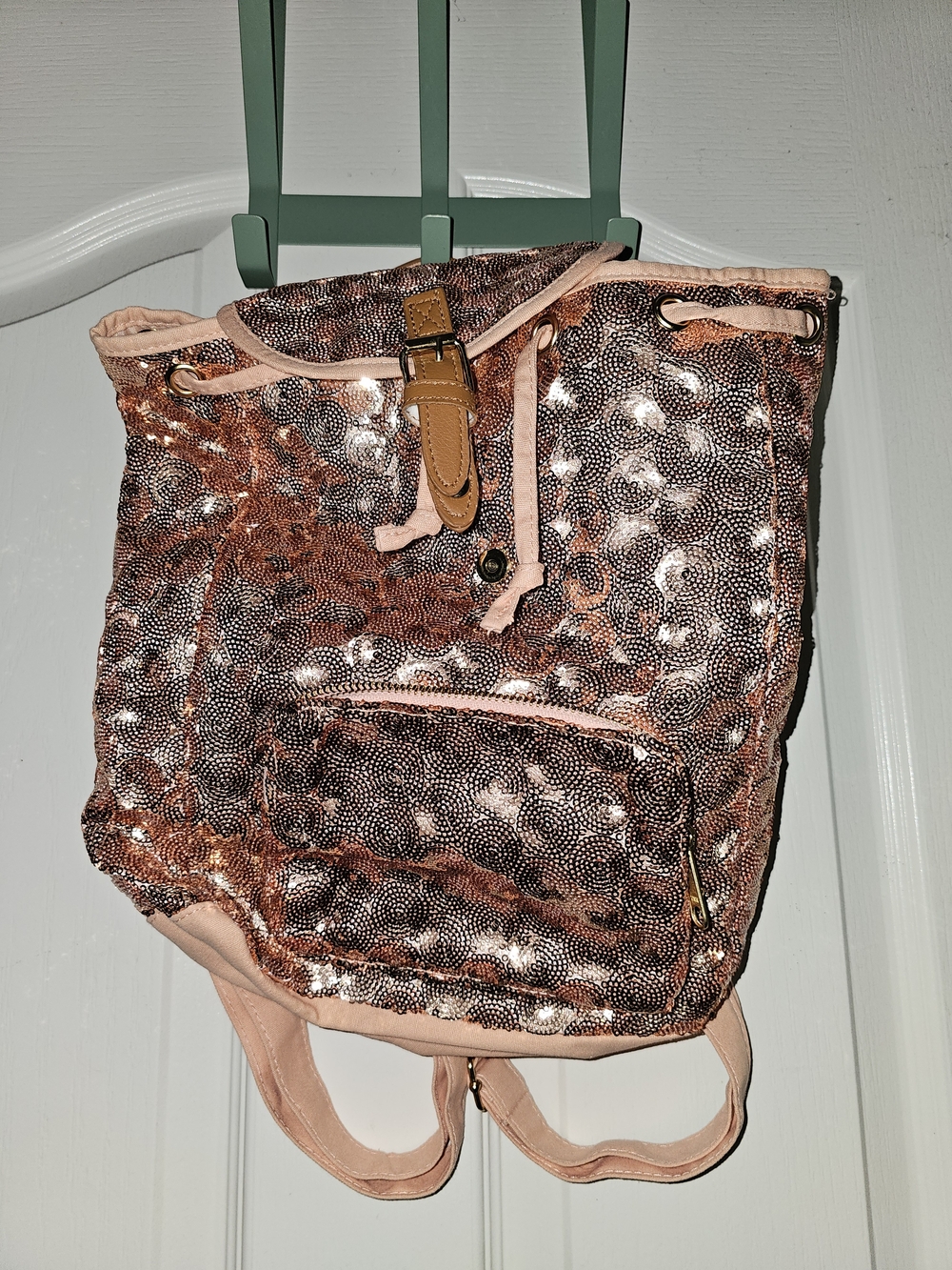 Ruum Rose Gold Sequin Drawstring Backpack with Blush Trim